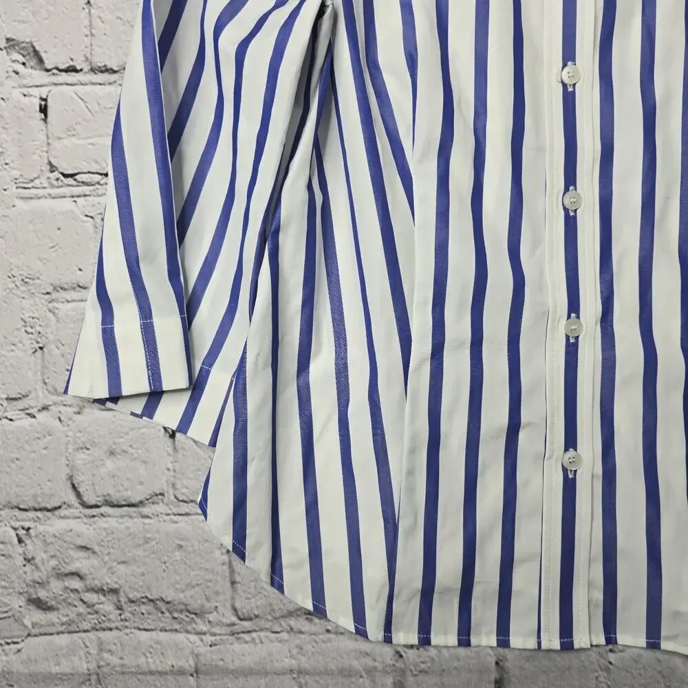 Usonia Womens White Blue Vertical Stripe 100% Cotton 3/4 Sleeve Blouse Size L - Picture 6 of 11